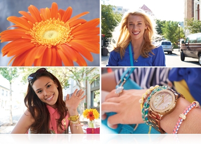 four photos include an orange flower, two portraits and a close up a a woman's hand with watch and bracelets